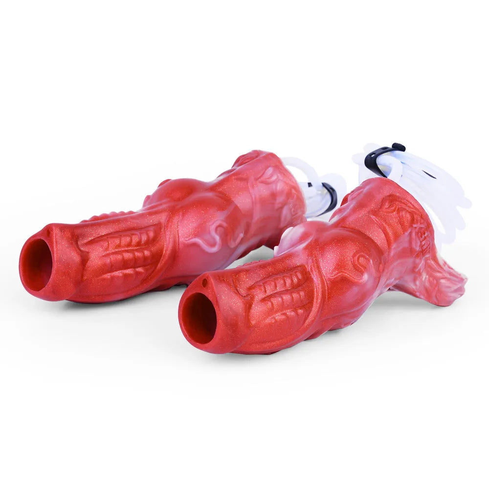 Manual water spray silicone exotic condom toy showing syringe airbag system and dual size options