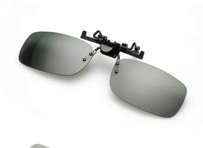 A polycarbonate sunglasses clip for prescription glasses, shown in large and small frame sizes with grey, dark green, and night vision lens options.