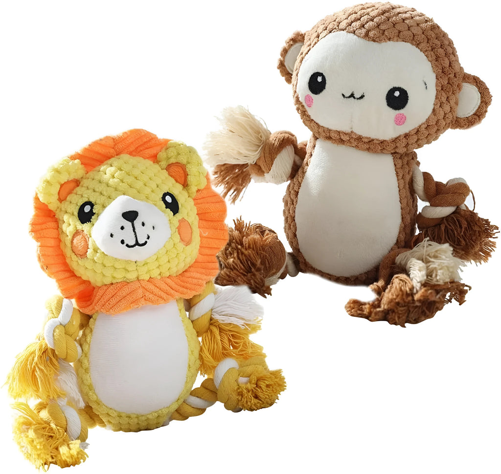 Lion and monkey stuffed squeaky dog toys bundle with plush fabric for medium and large breed dogs