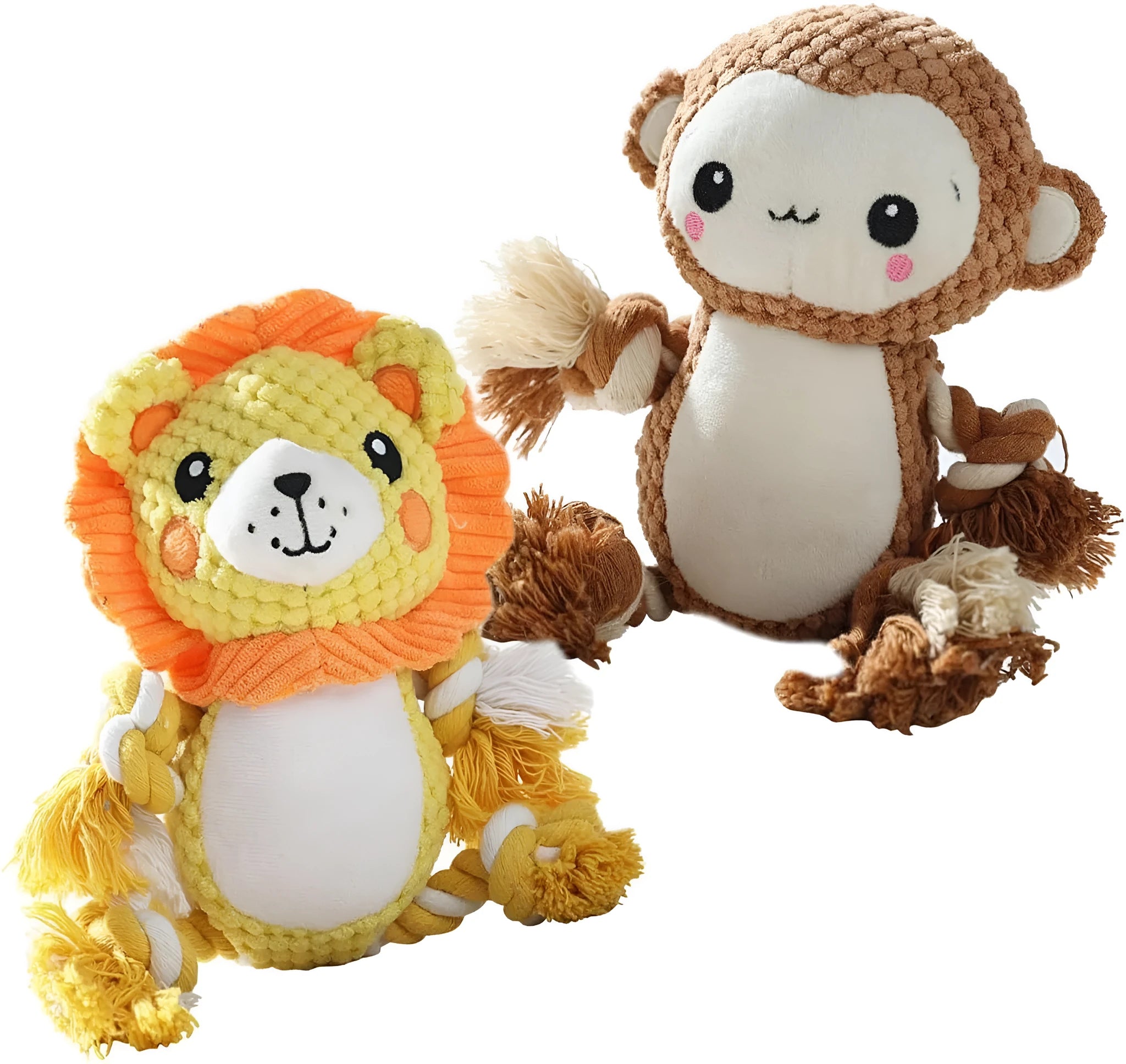 Lion and monkey stuffed squeaky dog toys bundle with plush fabric for medium and large breed dogs