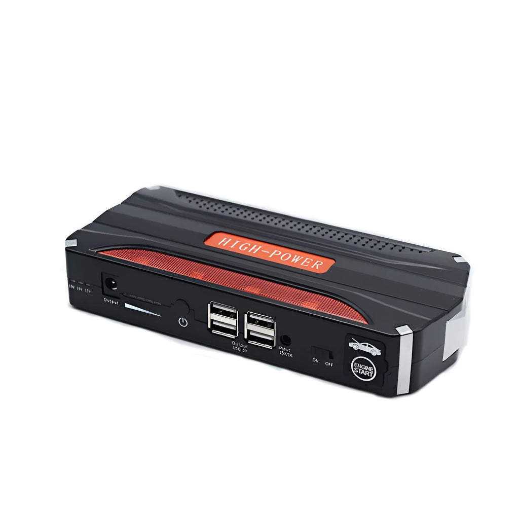 Black and red 12V vehicle emergency jump starter power supply unit on a white background.