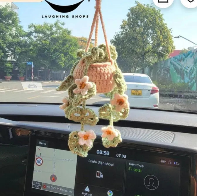 Green and white knitted wool car plant decoration hanging from 25cm white rope