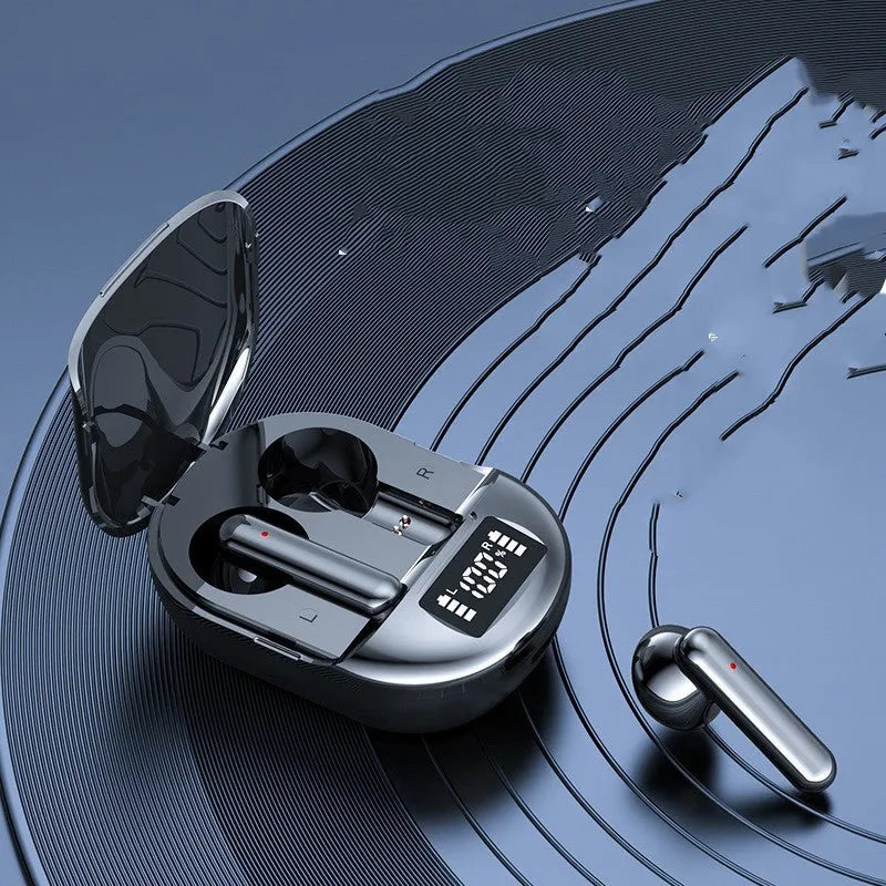 Black and white wireless Bluetooth in-ear headphones with a digital display and a matching charging case.