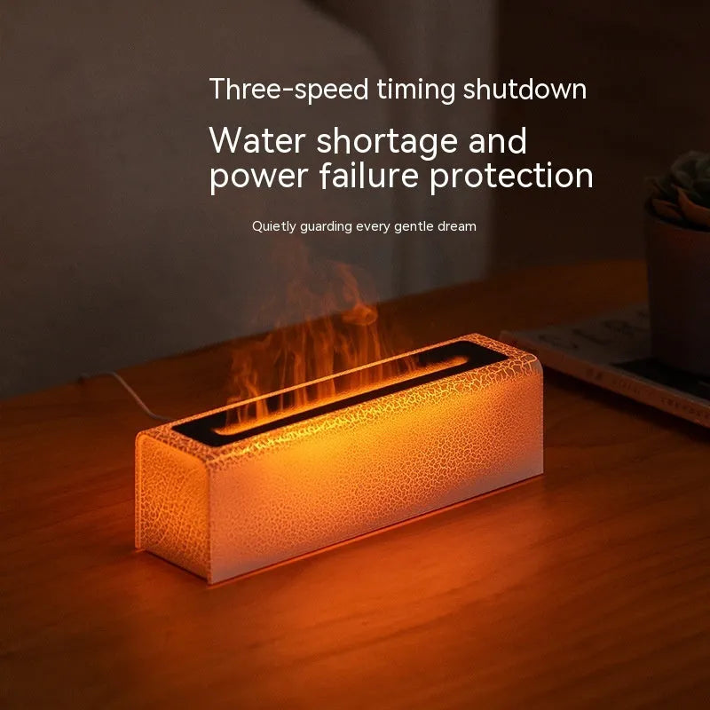 Square creative lava flame aroma diffuser humidifier on desktop with USB cable