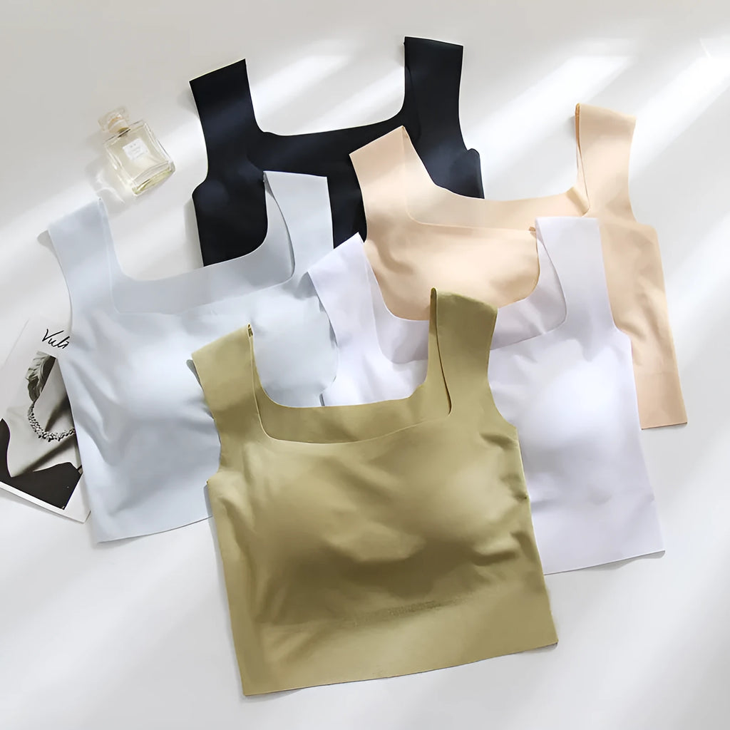 Women's nylon sling vest with non-marking cup and chest pad in light blue.