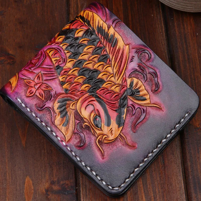 Men's hand-carved cow leather short wallet in blue red or gold colours showing bi-fold design