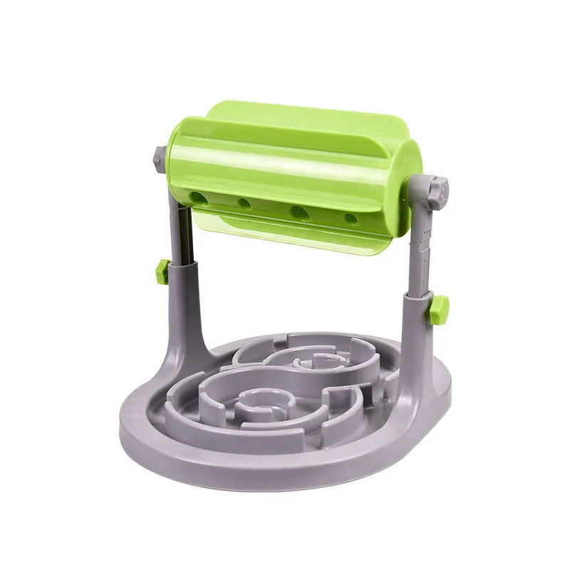 Interactive pet food puzzle slow feeder bowl in blue, green, or pink with adjustable height for dogs and cats