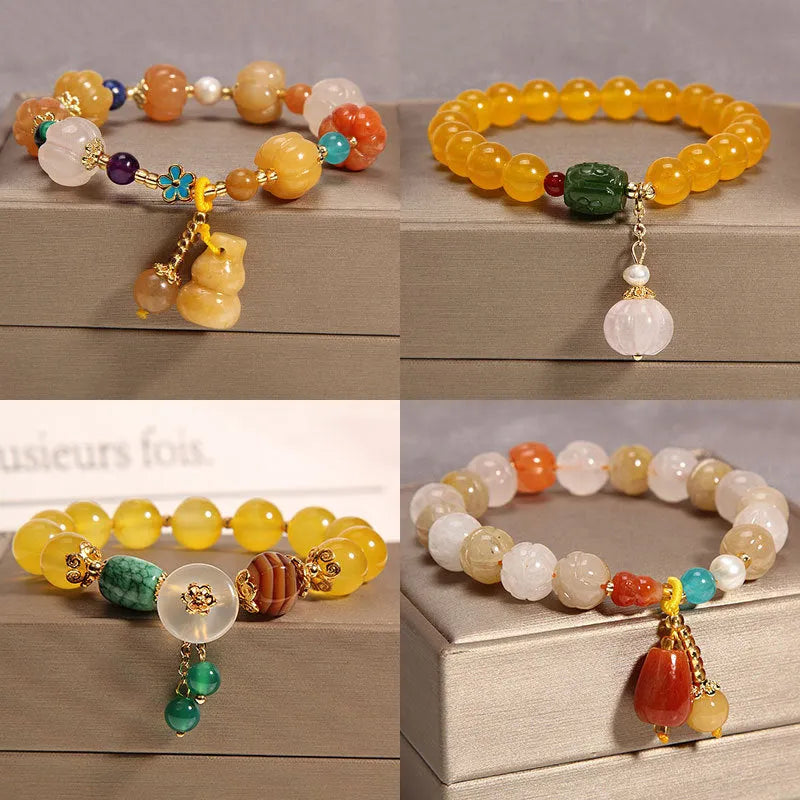 Khaki yellow agate crystal bracelet with gold silk threading and Japanese South Korean style design