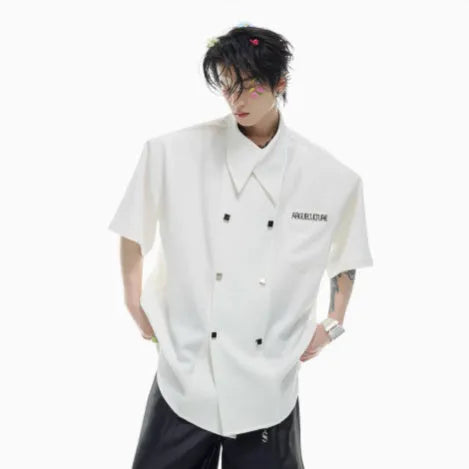 Men's loose casual short-sleeved shirt in black with spliced design and metal button decoration