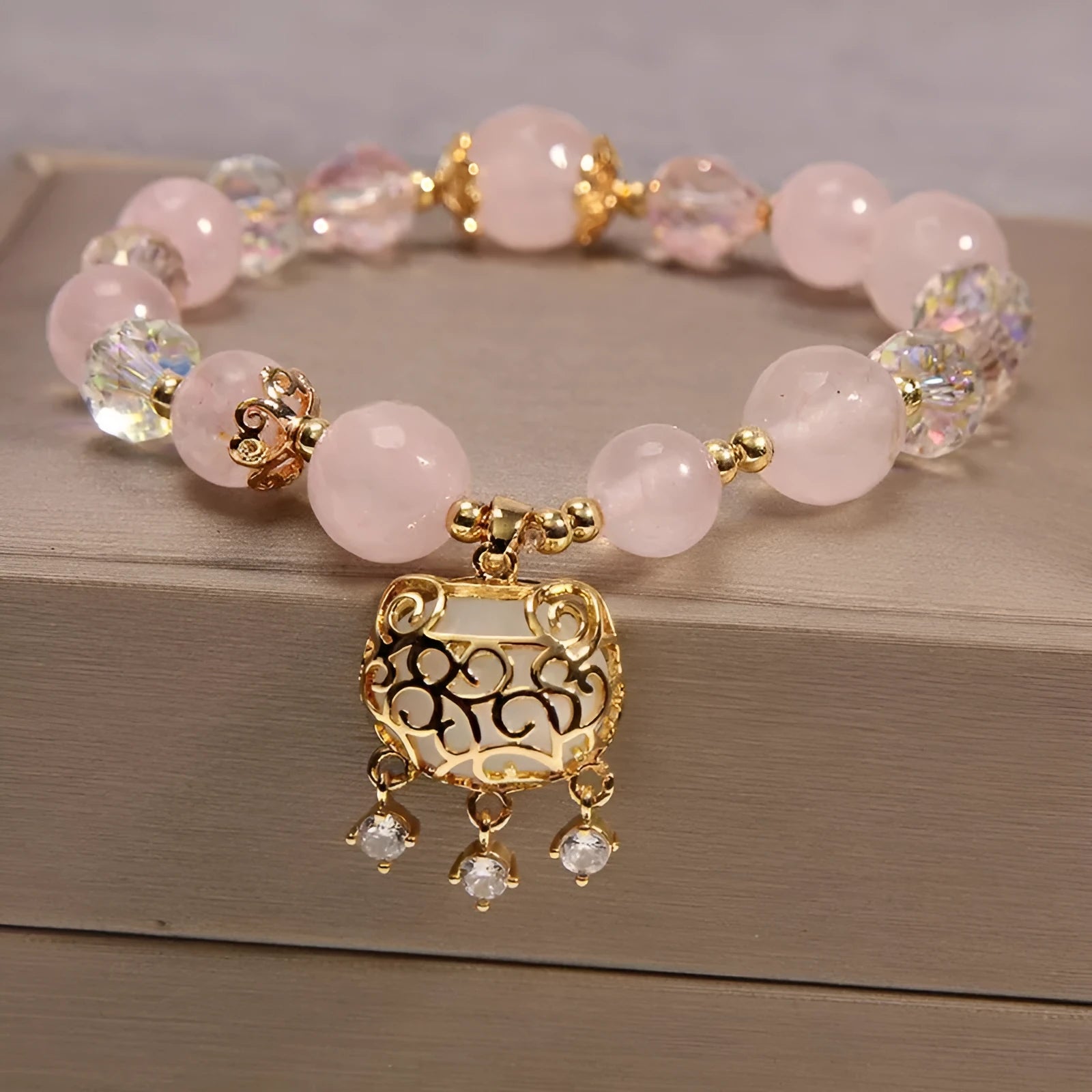 Khaki yellow agate crystal bracelet with gold silk threading and Japanese South Korean style design