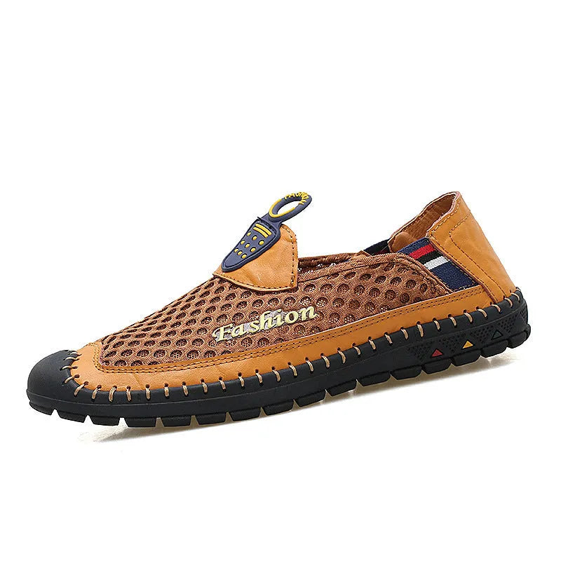 Men's brown mesh casual shoes with round toe and stitching detail