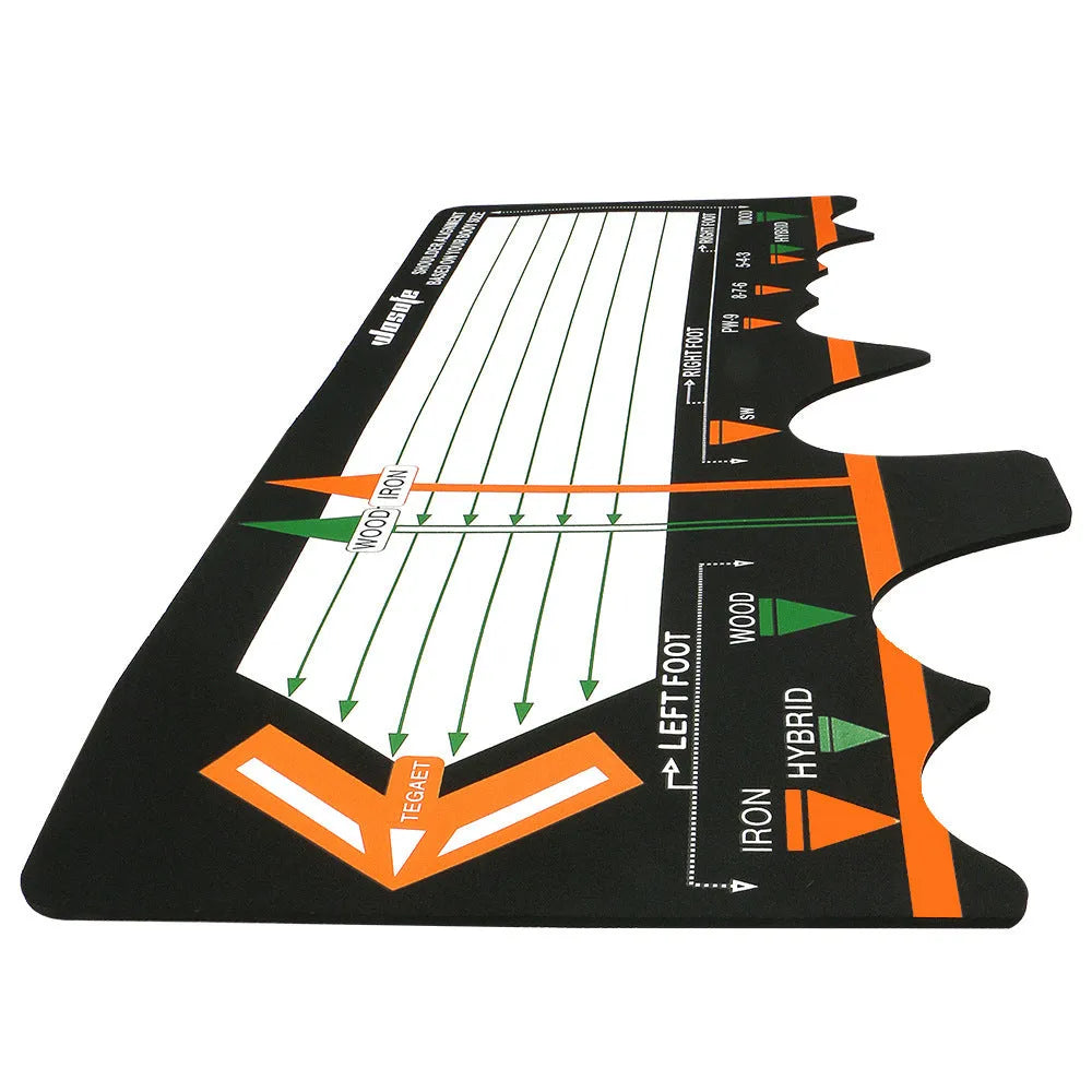 Black neoprene golf swing standing posture auxiliary pad measuring 22.5cm x 10cm for correcting stance and alignment