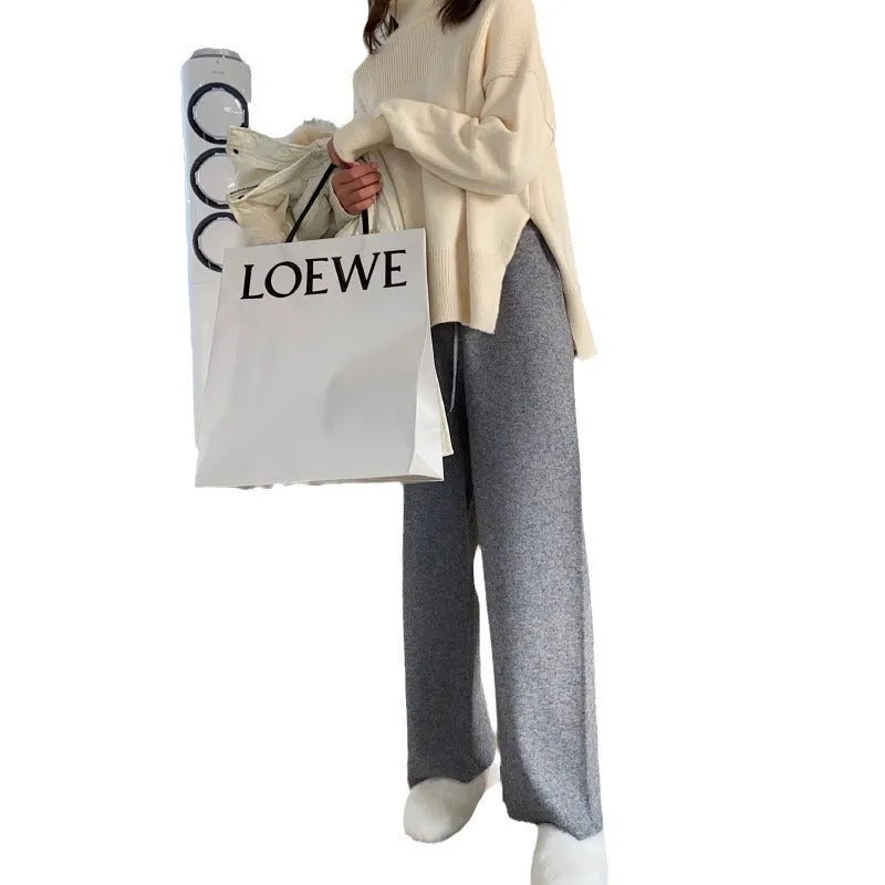 Women's high waist wide-leg knitted trousers in cream white with straight-leg cut and drooping mopping style