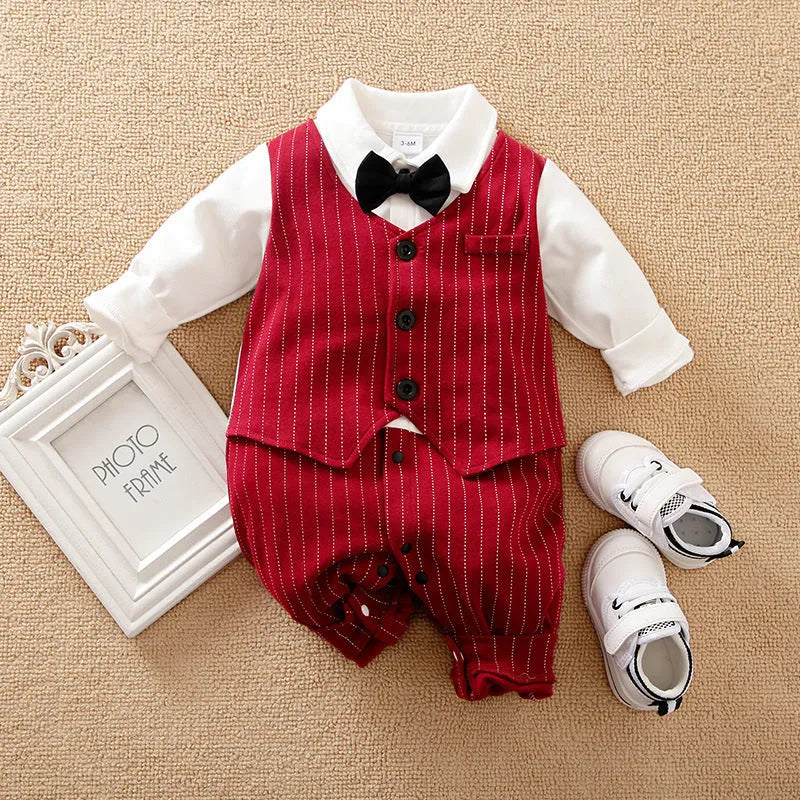 Wine red long sleeve cotton baby boy romper one-piece suit for spring and autumn