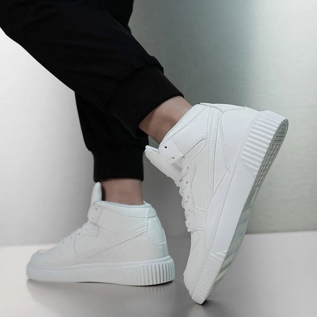 Men's solid white round-toe casual lace-up shoes with a microfiber upper.