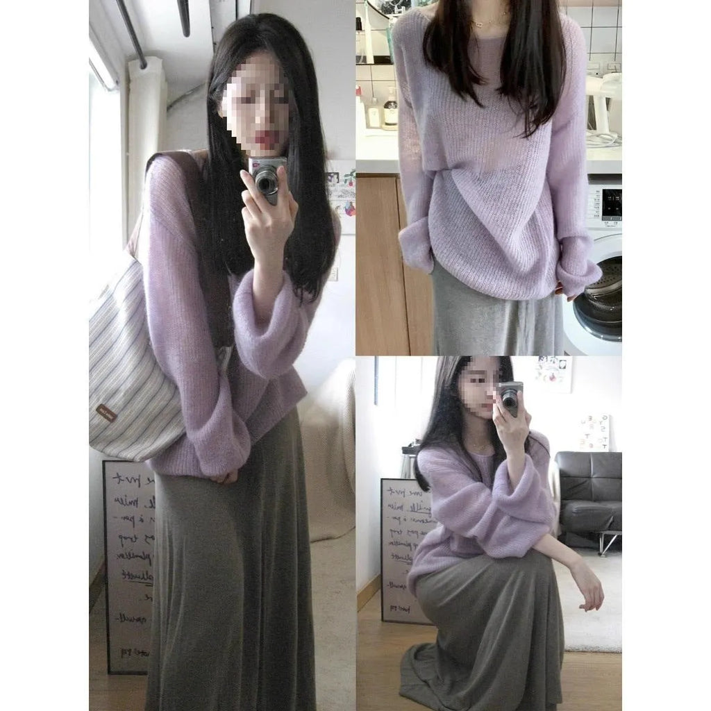 Purple women's blouse with hollow out princess sleeves in ice silk fabric, round neck pullover style
