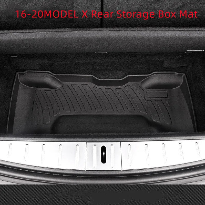 Custom fit rubber and TPE floor mats for Tesla Model 3 Model Y Model S Model X 2023 showing trunk and footwell coverage