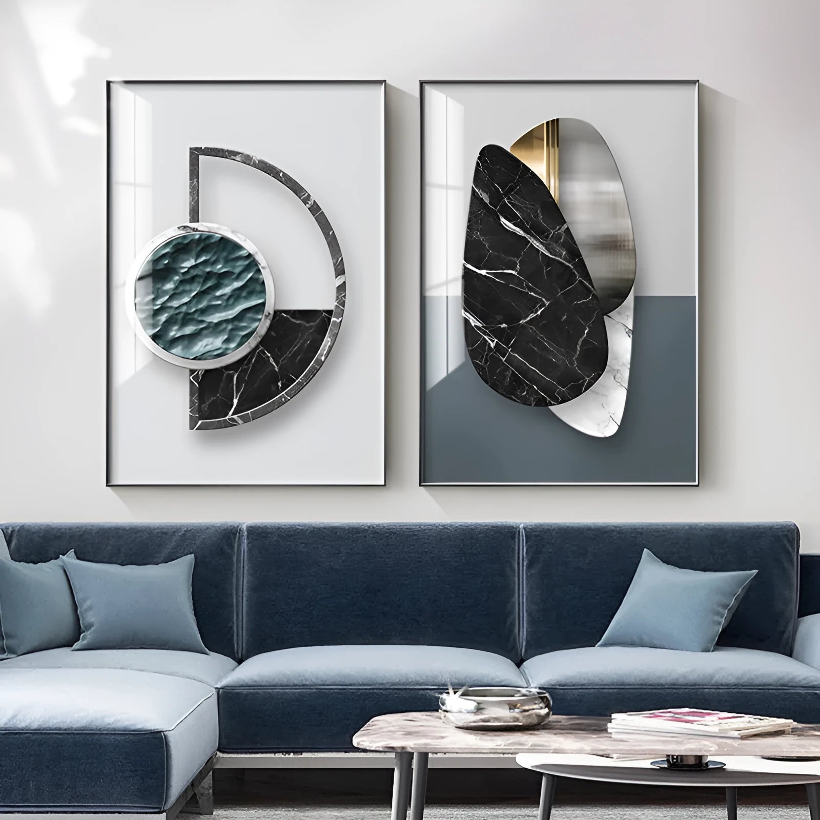 Abstract geometric design printed on a textured canvas wall art poster.