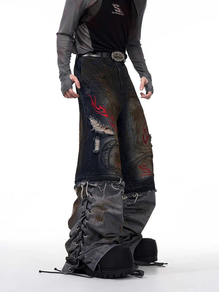 Men's retro wide leg jeans with detachable trousers legs in picture colour denim