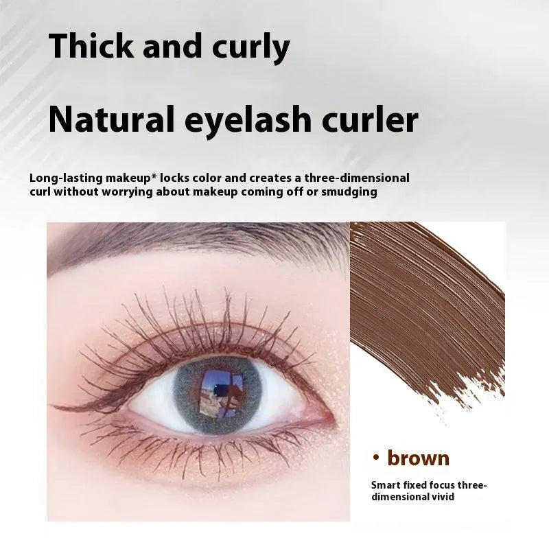 Black and brown waterproof mascara in a steel tube, shown with an optional eyelash curler.