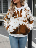 Yellow brown cow animal print hooded cardigan jacket with zipper front and regular sleeves