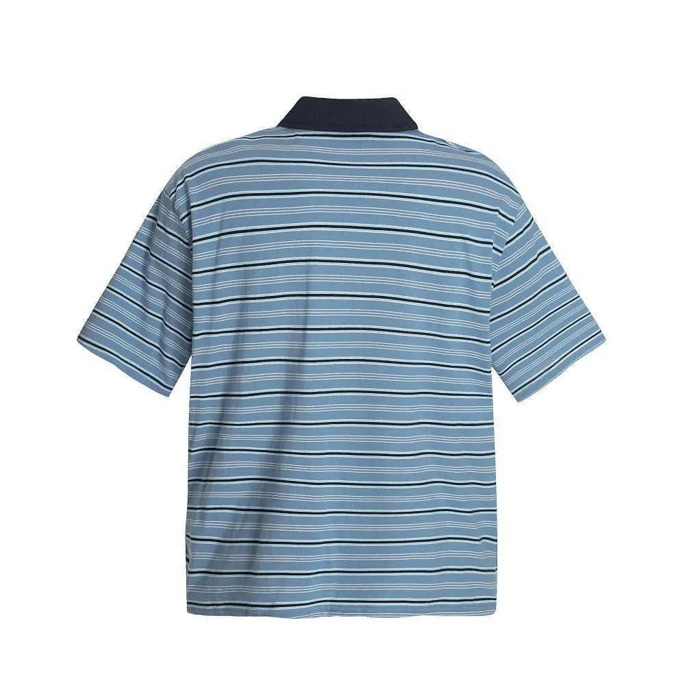 Blue stripe loose-fit cotton short-sleeved polo shirt on a hanger
