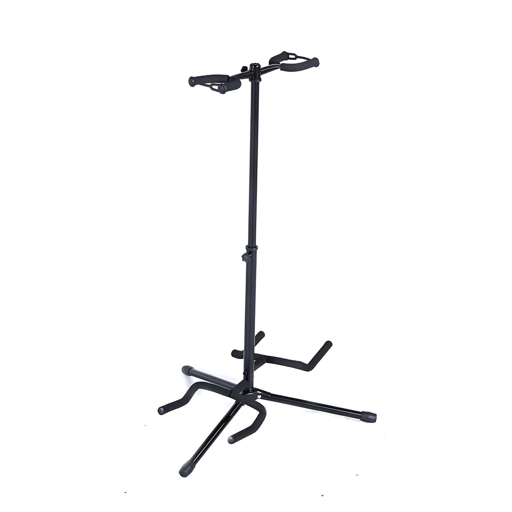 Black iron double-headed adjustable guitar stand holding two guitars vertically