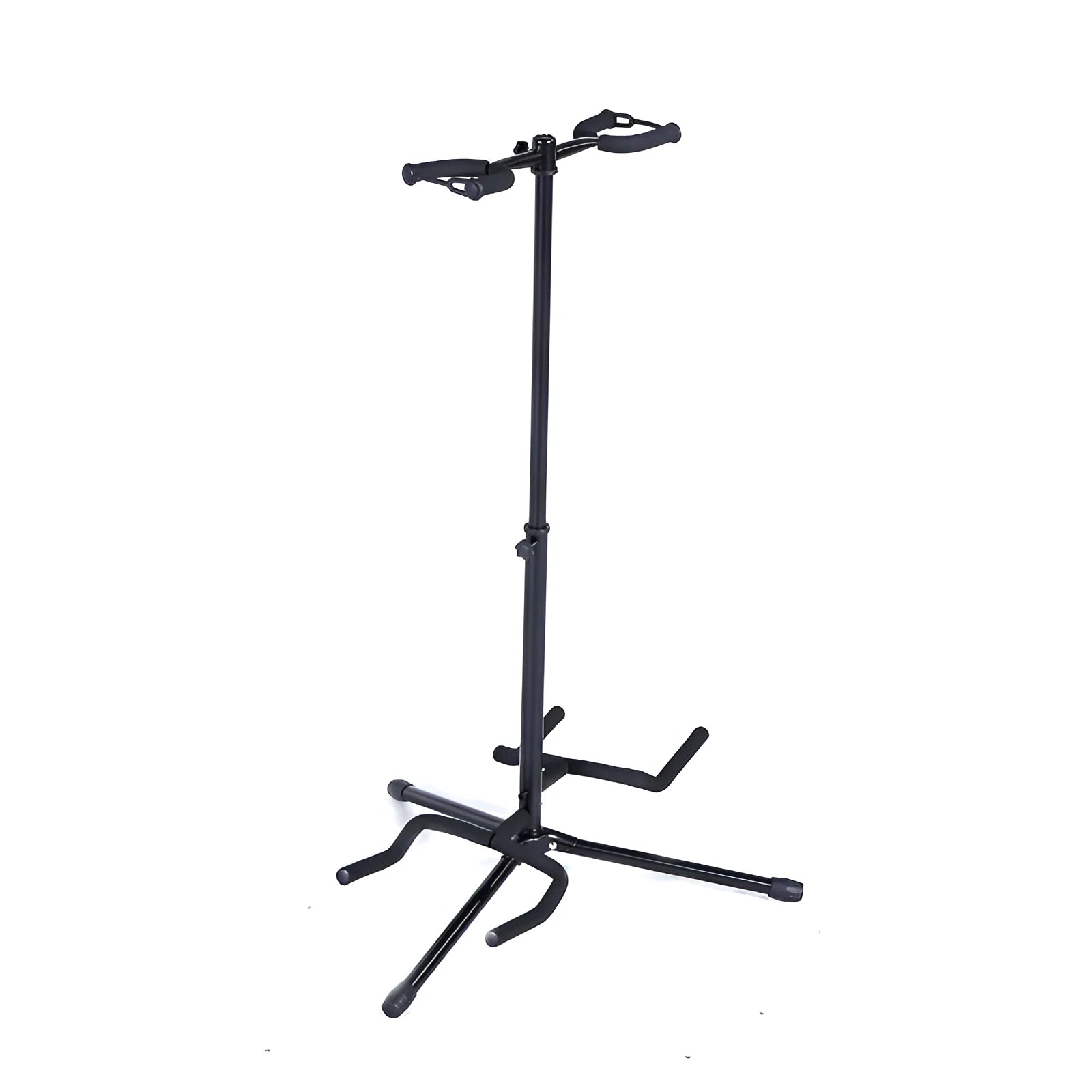 Black iron double-headed adjustable guitar stand holding two guitars vertically