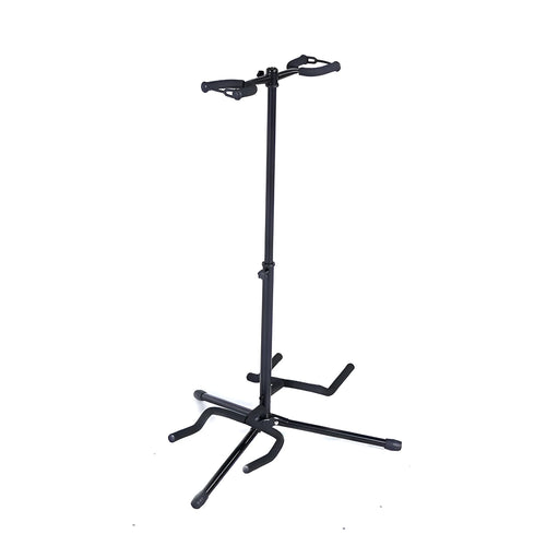 Black iron double-headed adjustable guitar stand holding two guitars vertically