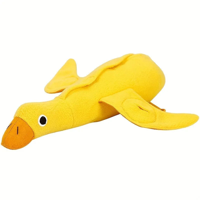 Yellow plush duck dog toy with a treat compartment and built-in sound module for training and enrichment.