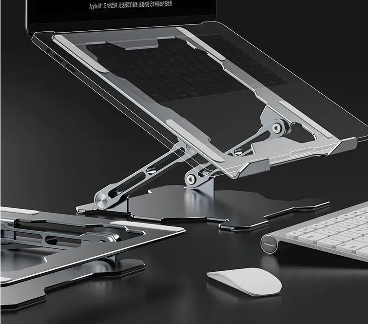 Aluminium adjustable laptop stand in folded and unfolded positions showing grey colour option