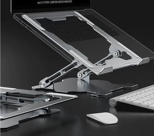 Aluminium adjustable laptop stand in folded and unfolded positions showing grey colour option
