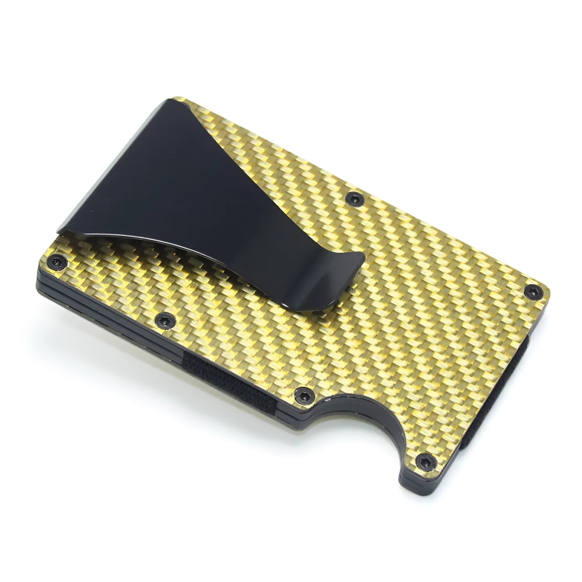 Carbon fibre geometric wallet card holder showing 8mm thickness holding multiple bank cards