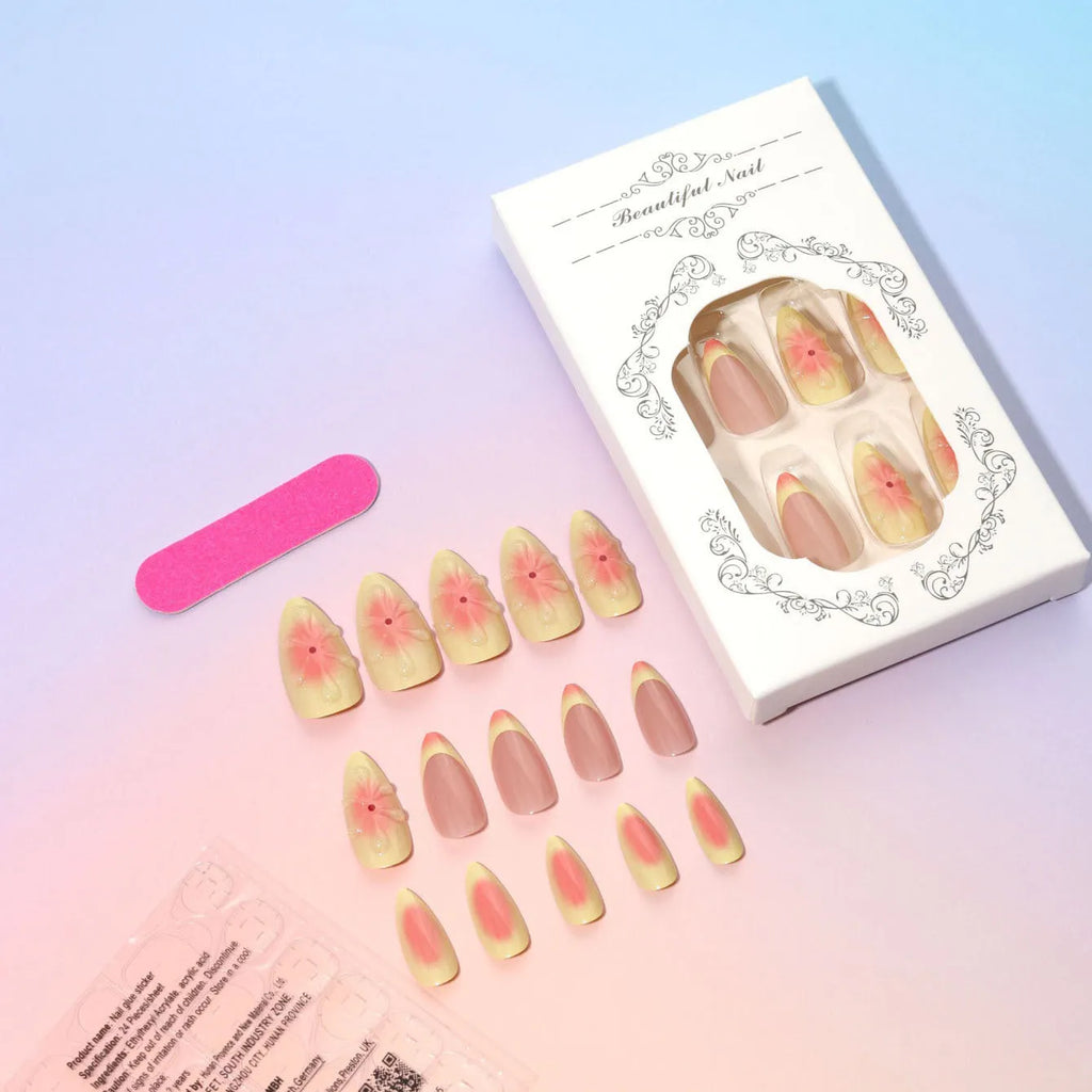 Cartoon floral false nails set with 3D flower designs and wearable armour elements in colour TY-318