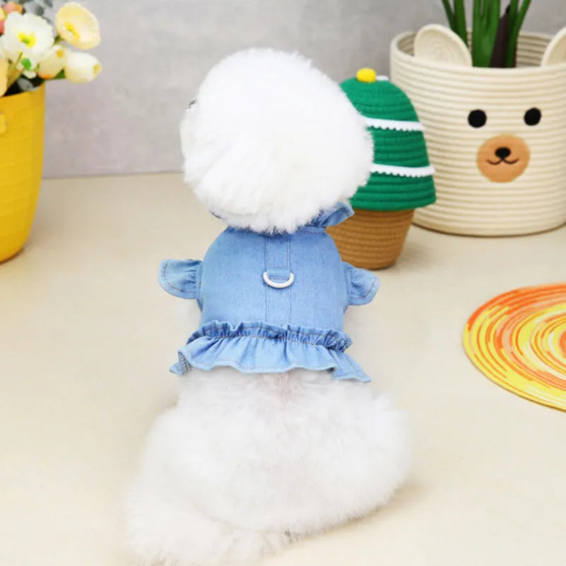 Blue denim dog dress with ruffle vest design and chest leash hook in various sizes