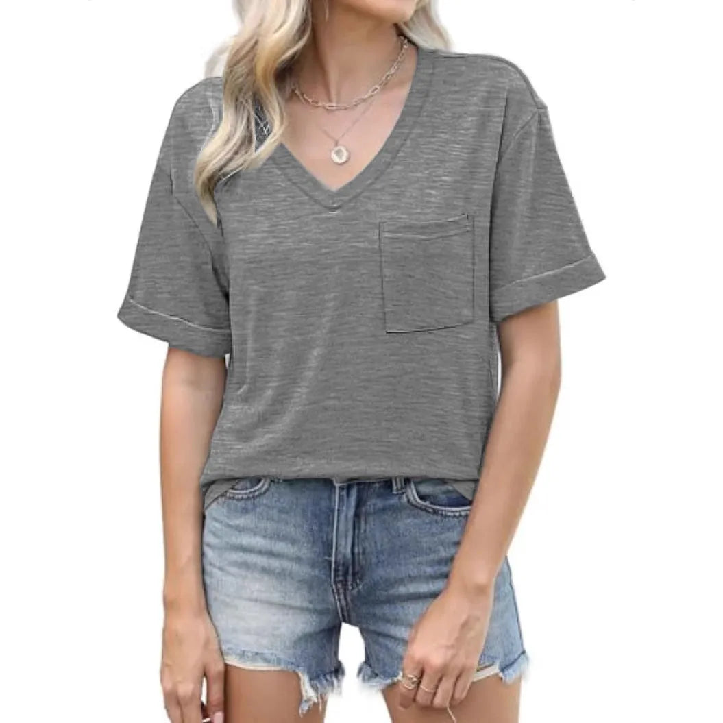 Grey loose fit V-neck T-shirt with front pocket and short sleeves