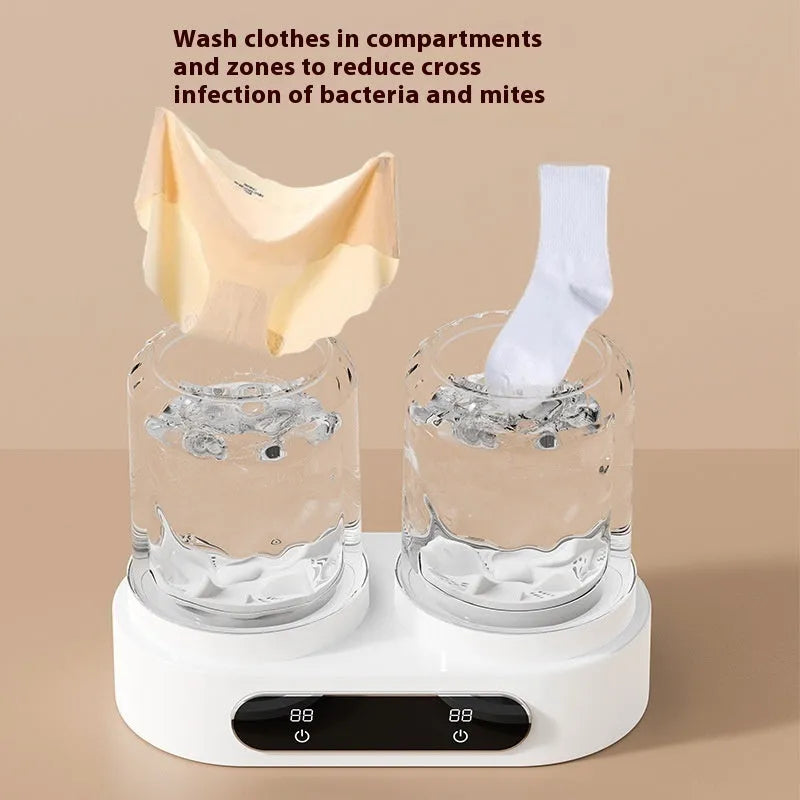 White USB-powered portable mini washing machine with two buckets and mechanical controls.