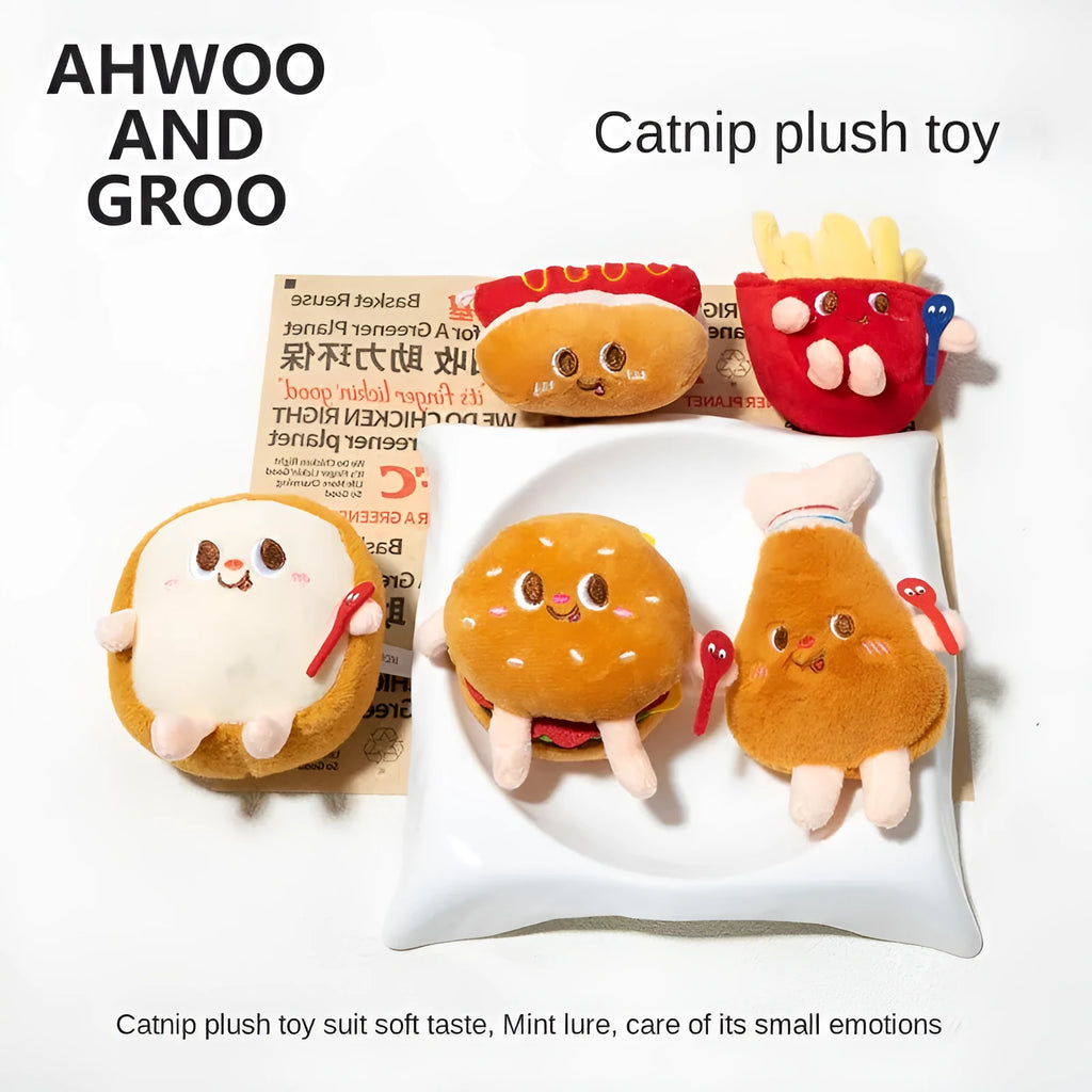 Set of four soft fabric cat chew toys shaped like a hamburger, chicken leg, fries, and hot dog on a plain background.