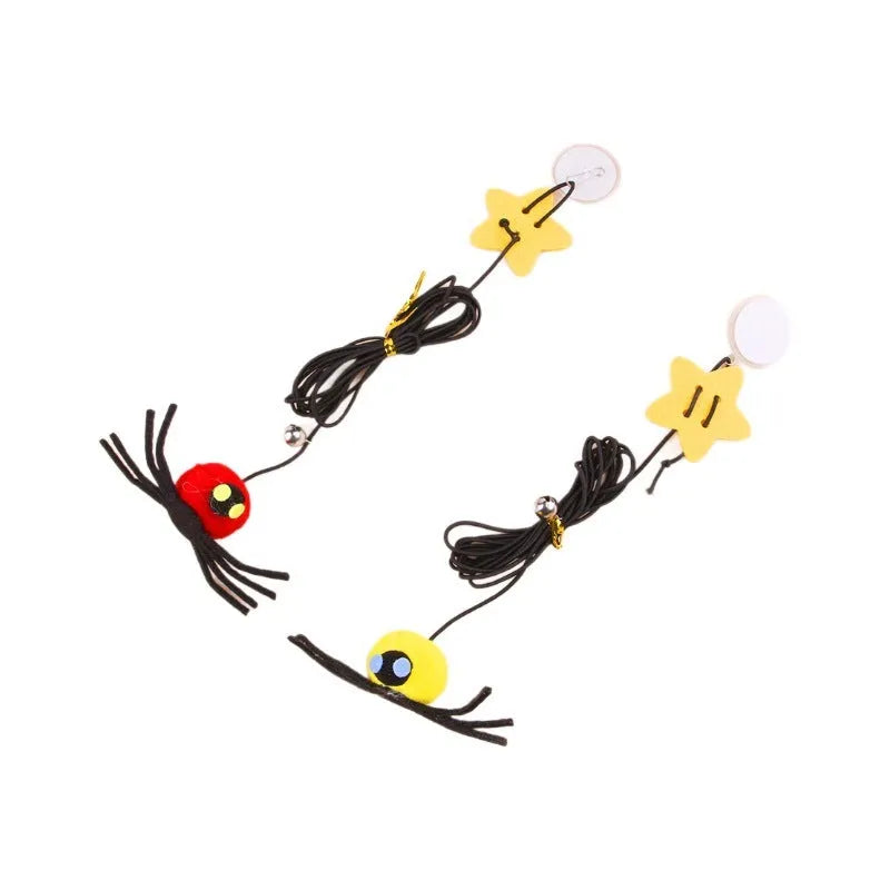 Red and yellow cat hanging door toy with elastic rope, feather playing stick, and bell spider accessory.