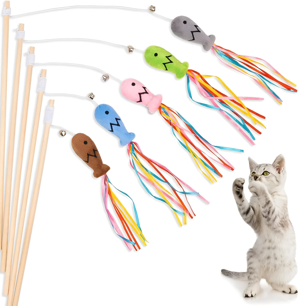 Cat wand toy with wooden handle, elastic rope, catnip fish, colourful ribbons and small bell