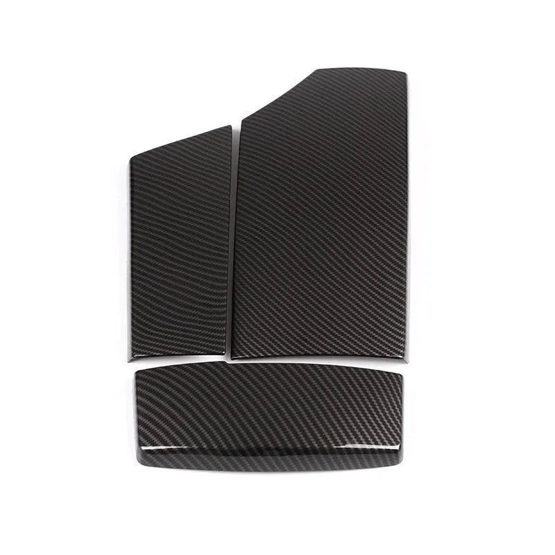 Three-piece black ABS armrest box protective cover set with shiny carbon fibre diagonal weave pattern