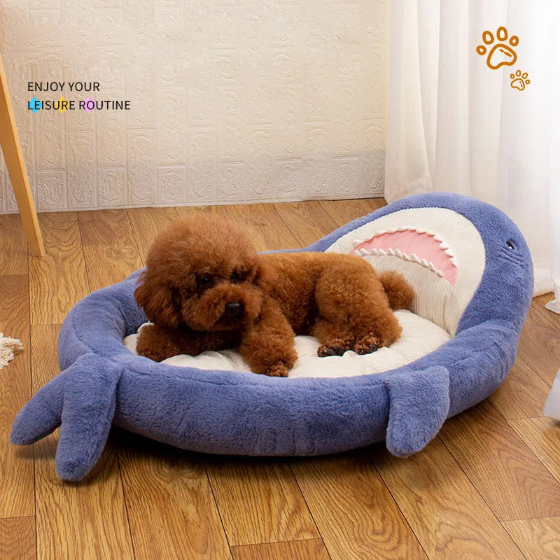 Blue shark pattern velvet pet bed cushion for small dog on floor