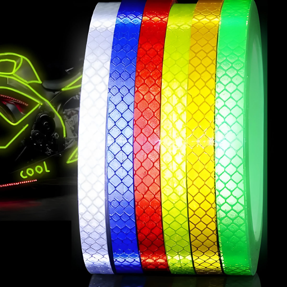 8 metre roll of 10mm reflective warning tape in grass green, orange, red, or white for motorcycle and car anti-collision marking