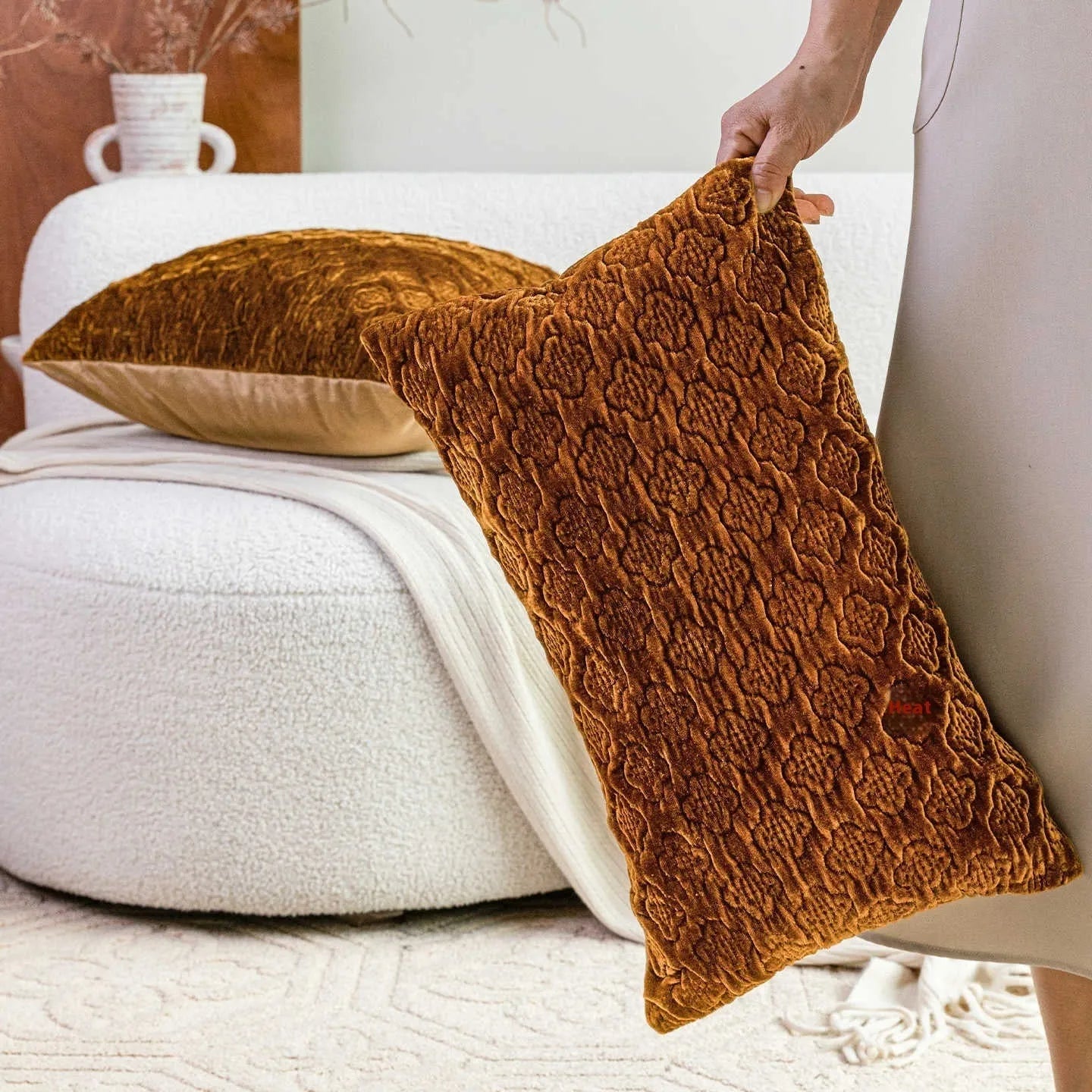 Brown gold antique Chinese style quilted cushion pillow with three-dimensional pattern