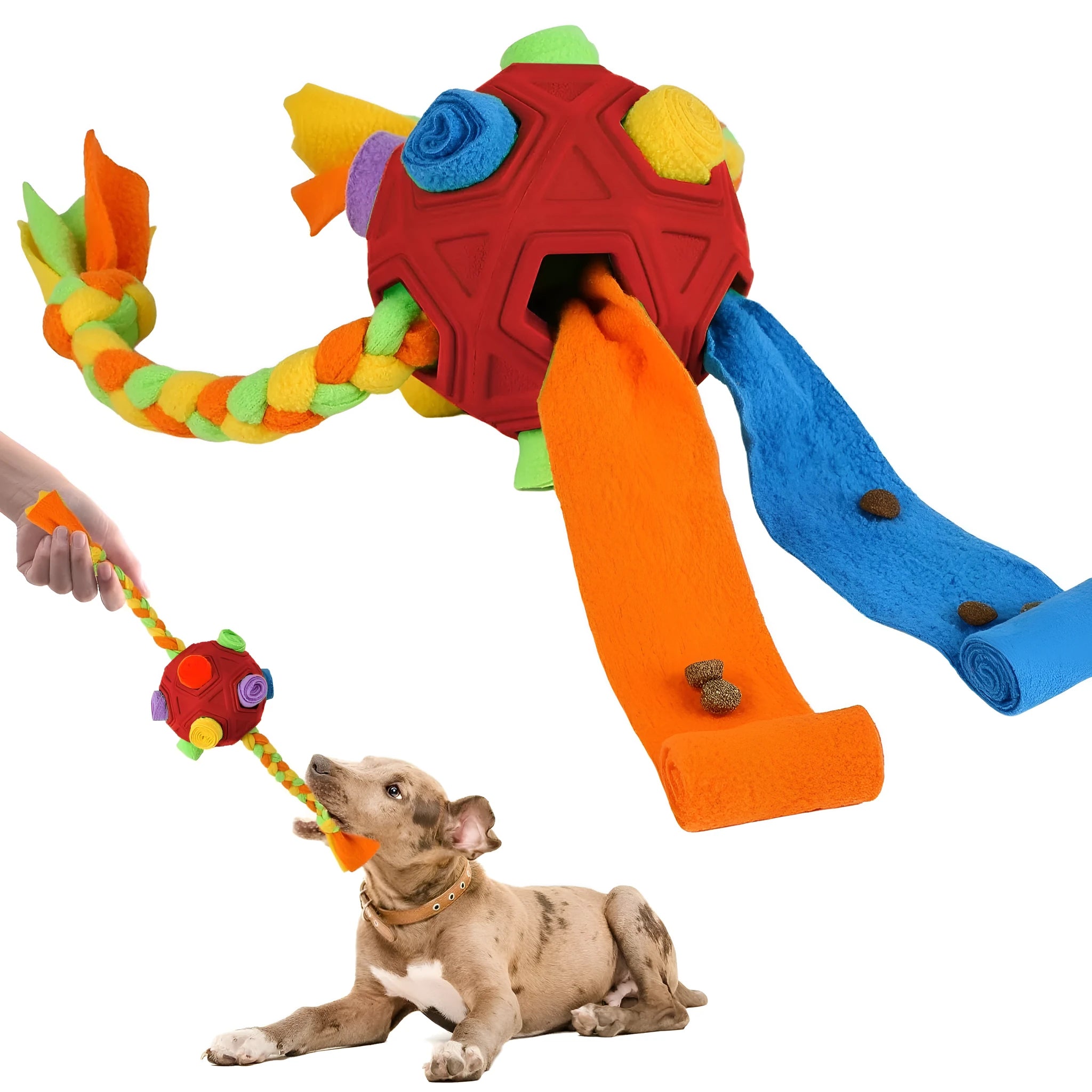 Bite-resistant rubber dog puzzle snuffle ball for treat dispensing and IQ training in multiple colours