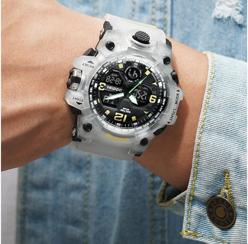 Men's black electronic sports watch showing analog hands and digital display on a plastic strap
