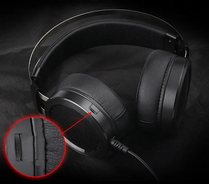 Black wired computer gaming headset showing the 3.5mm plug and long 2 metre cable.
