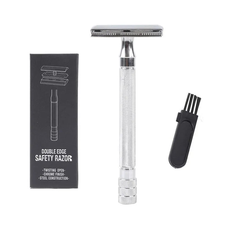 Traditional manual safety razor with natural bristle brush shaving set in black or silver finish