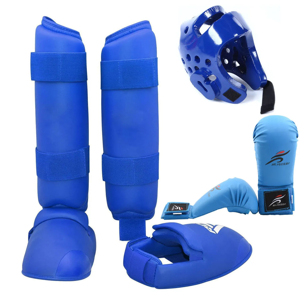 Karate and taekwondo protective gear set with red leg guards, helmet, and boxing gloves