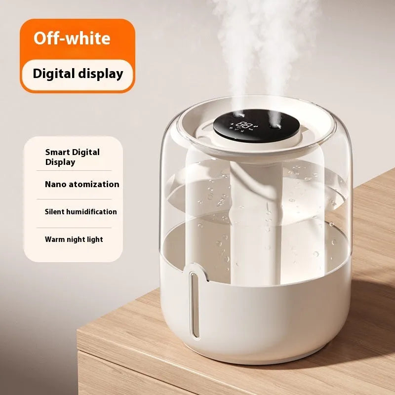 Beige round USB humidifier with digital display, dual spray nozzles and night light